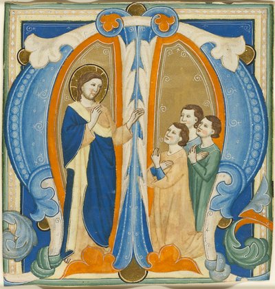 Christus zegent drie jonge mannen, initiaal M van een graduale door Maestro Daddesco