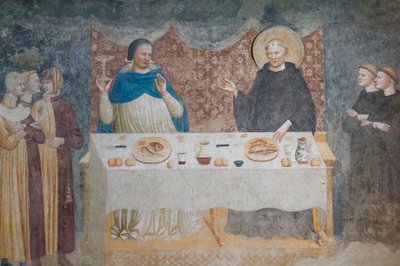 Het wonder van St Guido: de gezegende abt die water in wijn verandert voor Gebeardo, de aartsbisschop van Ravenna, refter door Maestro di Tolentino (attr.to)