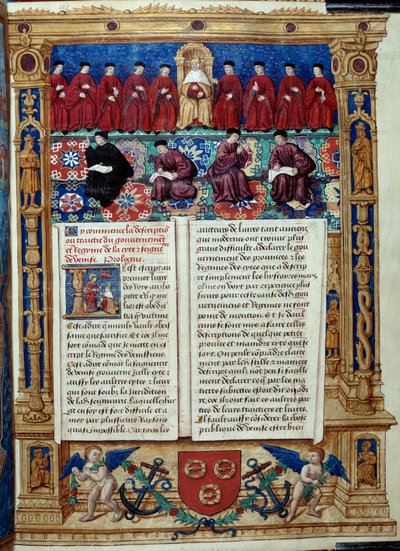 De Raad van Tien De Doge is in het midden. Pagina uit een beschrijving of behandelt de regering en het regime van de stad en heerlijkheid Venetië gerealiseerd door admiraal Louis Malet de Graville, verlucht door de Meester van Philip de Geldre door Maitre de Philippe de Gueldre