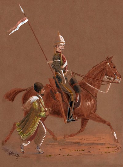 Ruiter van de 9e Lancers rijdend, met een Afghaanse soldaat die naast zijn paard rent door Major General R.G. Woodthorpe