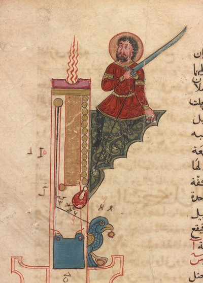 Een kaarsklok, folio uit Kitab fi ma`arifat al-hiyal al-handisaya (Het boek van kennis van ingenieuze mechanische apparaten) Automata door al-Jazari (d. 1206) door Mamluk Sultanate school