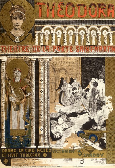 Theodora, in het Porte Saint Martin theater in Parijs. Illustratie door Manuel Orazi door Manuel Orazi