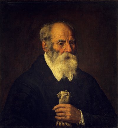 Oude man met handschoen door Marcantonio Bassetti