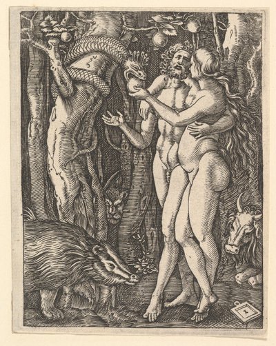Adam en Eva met appel en slang, ca. 1500-1534 door Marcantonio Raimondi