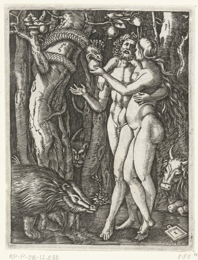 Adam en Eva bij zondeval in paradijs door Marcantonio Raimondi