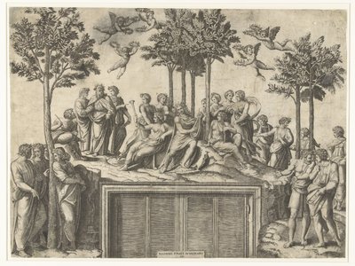 Apollo en muzen op berg Parnassus door Marcantonio Raimondi