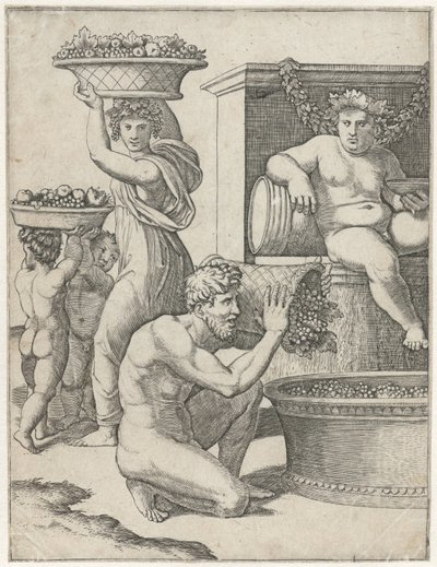 Bacchus kijkt toe hoe een man en vrouw en twee kinderen manden met druiven dragen voor de bereiding van wijn door Marcantonio Raimondi