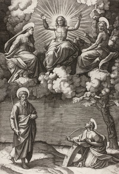 Christus, de Maagd en Sint Jan de Doper met Heiligen Paulus en Catharina door Marcantonio Raimondi