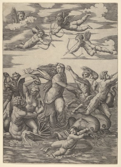 Galatea in een waterwagen getrokken door twee dolfijnen door Marcantonio Raimondi