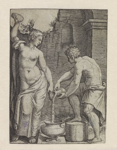 Halfnaakte vrouw wast zich met sponzen en mannelijke bediende schenkt water in vat door Marcantonio Raimondi