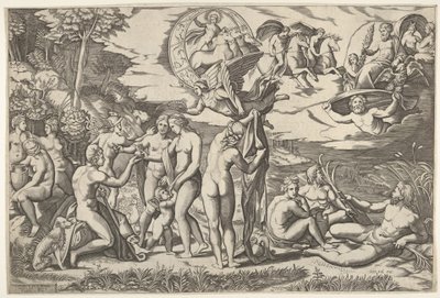 Oordeel van Paris: Paris strekt zijn hand uit naar Venus, die tussen Juno en door Marcantonio Raimondi