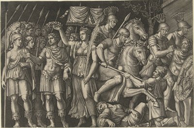 Keizer Trajanus gekroond door Victoria staat naast vrouwelijke personificatie van Rome en Romeinen in gevecht met Daciërs door Marcantonio Raimondi