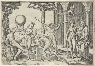 Man met twee trompetten en man met steen op zijn rug geflankeerd door man en vrouw met globe en oude en jonge man door Marcantonio Raimondi