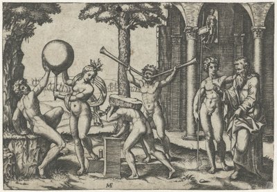 Man met twee trompetten en man met steen op zijn rug geflankeerd door man en vrouw met globe en oude en jonge man door Marcantonio Raimondi