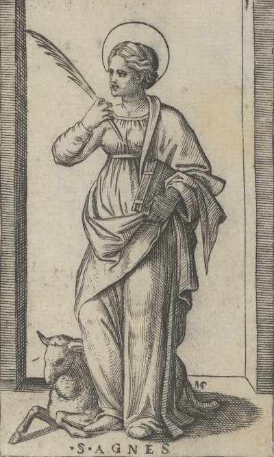 Sint Agnes met een palm in haar rechterhand, een schaap linksonder, ca. 1500-1527 door Marcantonio Raimondi