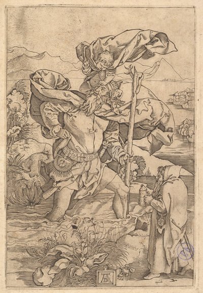 Sint Christoffel steekt de rivier over met Christus in de vorm van een putto op zijn schouder, ca. 1500-1534 door Marcantonio Raimondi