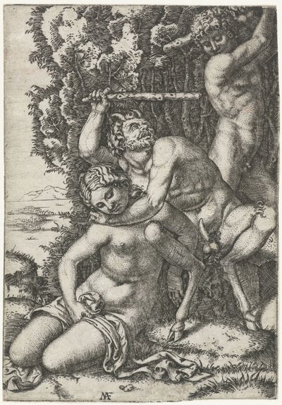 Satyr en jongeman vechtend om nimf door Marcantonio Raimondi