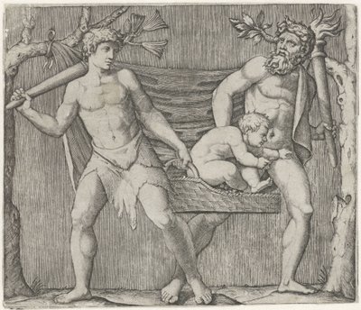 Twee fauns dragen een kind in een mand door Marcantonio Raimondi