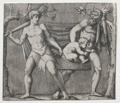 Twee Faunen die een Kind in een Mand dragen door Marcantonio Raimondi