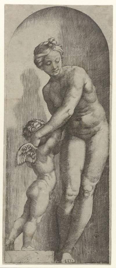 Venus en Amor staand in nis door Marcantonio Raimondi