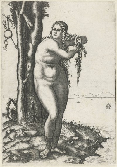 Venus staat op waterkant en wringt water uit haar haar door Marcantonio Raimondi