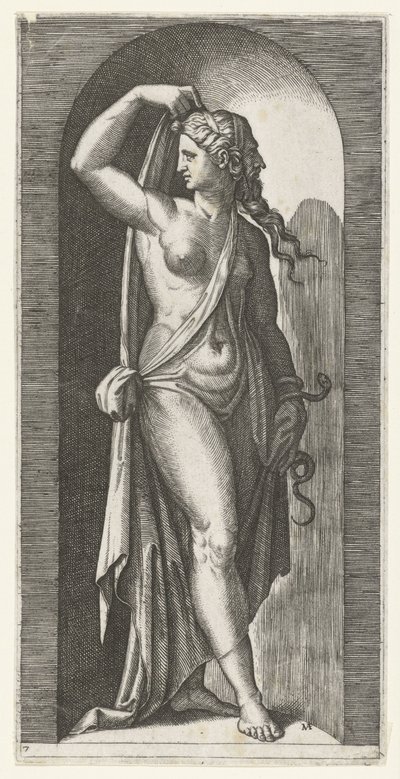 Vrouw als personificatie van Voorzichtigheid (Prudentia) met slang en masker, Zeven Deugden (serietitel) door Marcantonio Raimondi