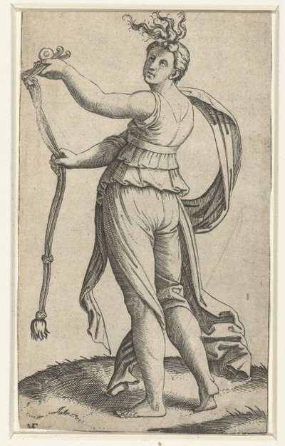 Vrouw met paardentoom als personificatie van Matigheid door Marcantonio Raimondi