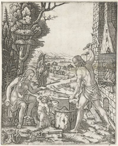 Vulcanus smeedt pijlen en vleugels voor Amor in aanwezigheid van Venus door Marcantonio Raimondi