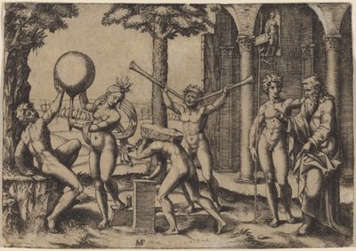 De Man met Twee Trompetten door Marcantonio Raimondi after Baccio Bandinelli