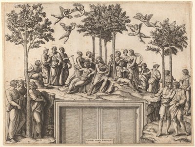 Apollo op de Parnassus door Marcantonio Raimondi after Raphael