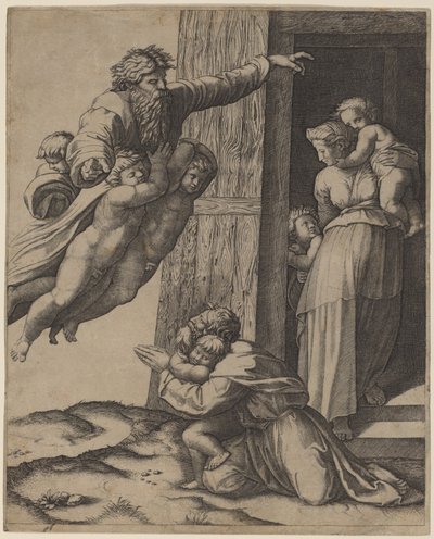 God Verschijnt aan Noach door Marcantonio Raimondi after Raphael