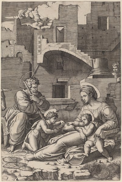 De Heilige Familie met de Jonge Johannes de Doper door Marcantonio Raimondi after Raphael