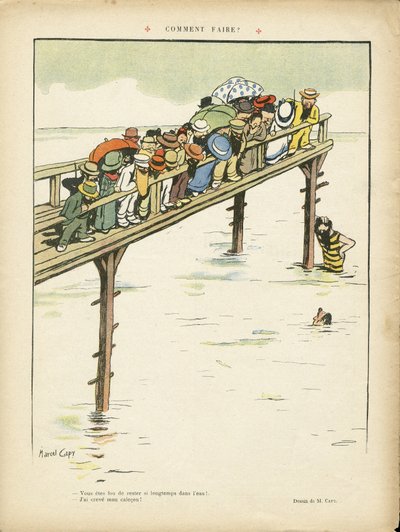 Illustratie van Marcel Capy (1865-1941) in Le Rire, 24/08/12 - Hoe doe je het? - Vrije tijd, Architectuur Stedenbouw, Marine Marine Kust, Zwemmen Zwemmen Zwemmen, Menigte door Marcel Amable O.L. Capy