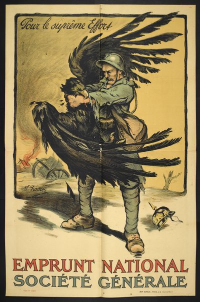 Afbeelding van een Franse soldaat die een grote vogel wurgt (voorstellend Duitsland?). door Marcel Falter