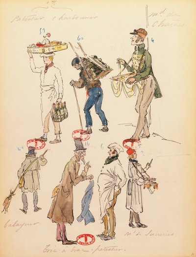Frankrijk, Parijs, kostuumschets voor figuranten in opera La boheme door Giacomo Puccini, uitvoering in Paris Opera Comique, 13 juni door Marcel Multzer