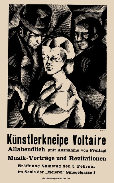 Poster voor de opening van het Cabaret Voltaire op 1916-02-05 door Marcel Slodki