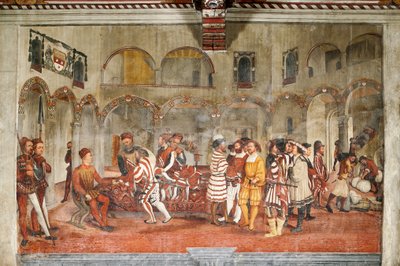 Jachtscène, (detail) van het Bezoek van Christiaan I van Denemarken aan Bartolomeo Colleoni, Erezaal door Marcello or Romani Girolamo (Romanino) (c.1485 c.1566) (attr.to) Fogolino