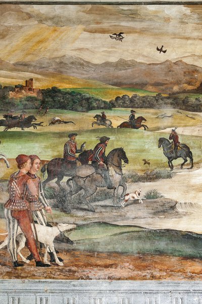 Jachtscène, (detail) van het Bezoek van Christiaan I van Denemarken aan Bartolomeo Colleoni, Erezaal door Marcello or Romani Girolamo (Romanino) (c.1485 c.1566) (attr.to) Fogolino