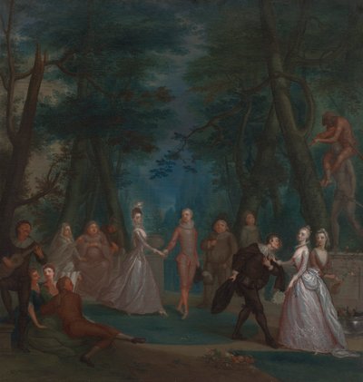 Scène in een park, met figuren uit de Commedia dell