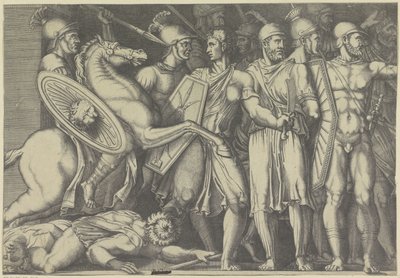Trajanus vechtend met Daciërs door Marco Dente (attributed to)