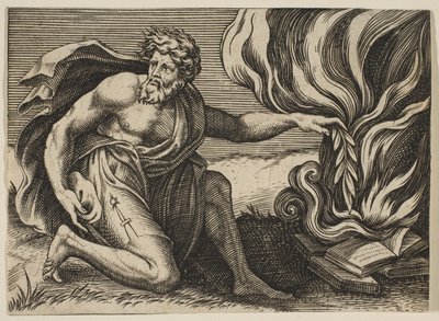 Een man knielt en legt een lauriertak op een stapel brandende boeken, ca. 1515-27 door Marco Dente