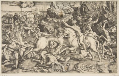 Slagveld in een landschap met soldaten te paard en verschillende gevallen mannen, een ander..., ca. 1520 door Marco Dente