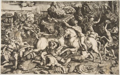 Slagveld in een landschap met soldaten te paard en verschillende gevallen mannen, ca. 1520 door Marco Dente