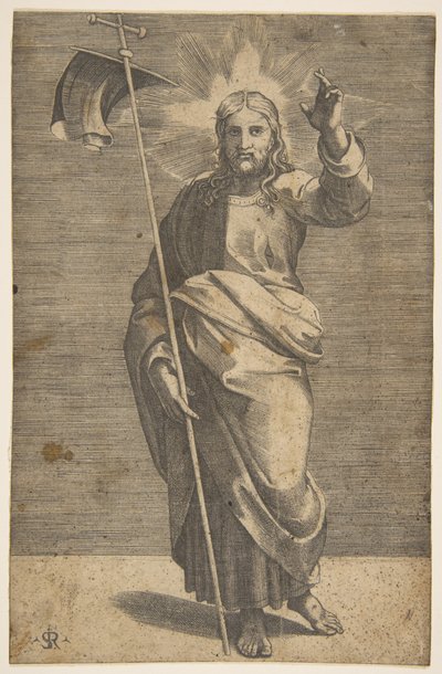 Christus staand naar voren gericht, met een kruis en een banier, ca. 1515-27 door Marco Dente