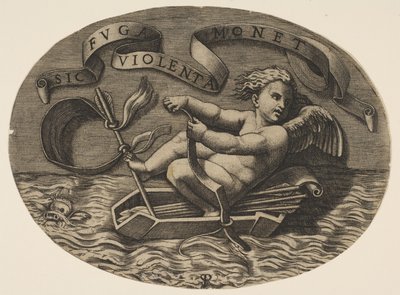 Eros ontsnapt over zee met zijn boog om een boot voort te stuwen gemaakt van zijn koker met een pijl door Marco Dente