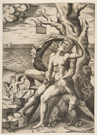 Jupiter en Semele omhelzen elkaar, een adelaar onder hen, een boom rechts door Marco Dente