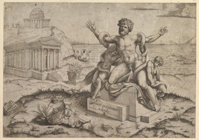 Speculum Romanae Magnificentiae: Oude bas-reliëfs met Laocoon door Marco Dente