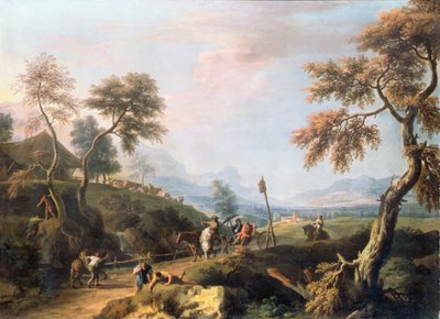 Een bosrijk landschap met heren in een koets op een weg door Marco Ricci