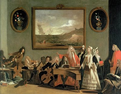 Repetitie van een opera, vermoedelijk Pyrrhus en Demetrius, gehouden in de oefenruimte van het Haymarket Theatre door Marco Ricci