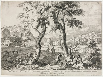 Uitzicht op een dorp met figuren op de voorgrond door Marco Ricci